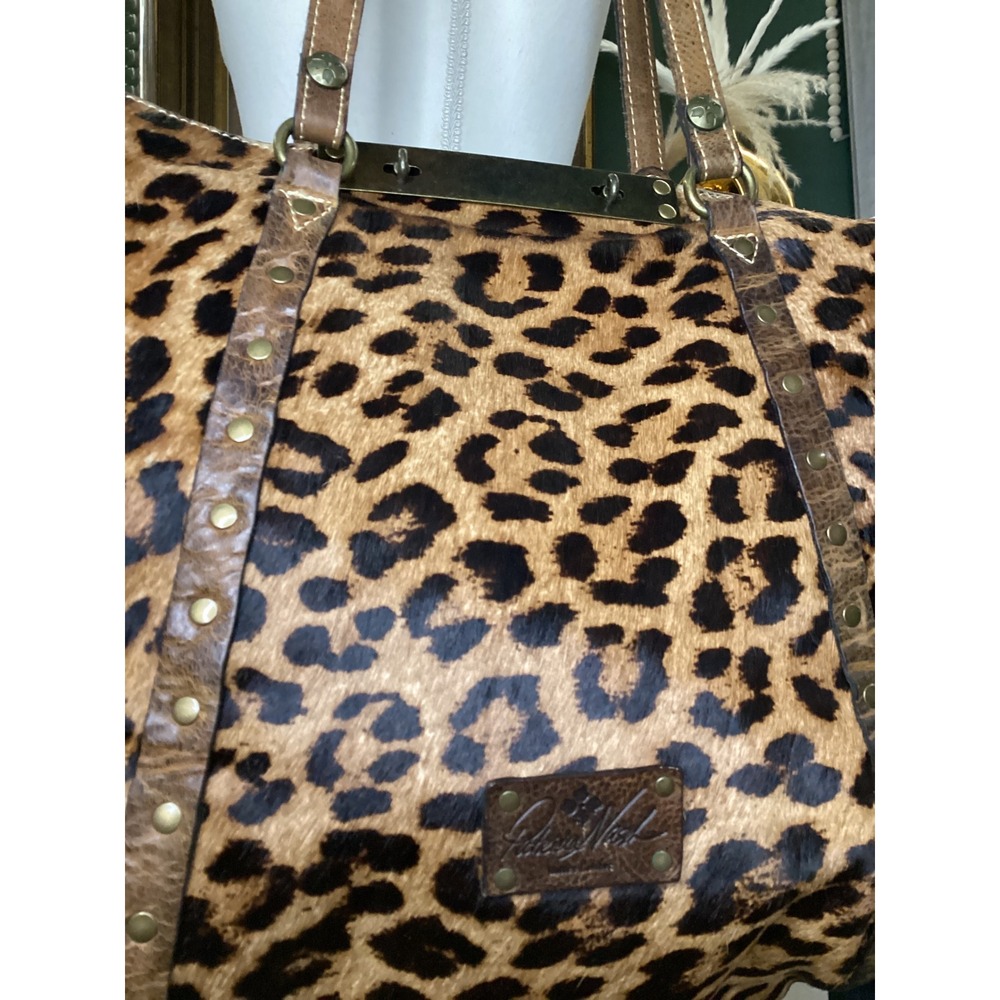 Patricia Nash Leopard Calf Hair Distressed Leather Tote Bag Brown Large Studded - Picture 2 of 10